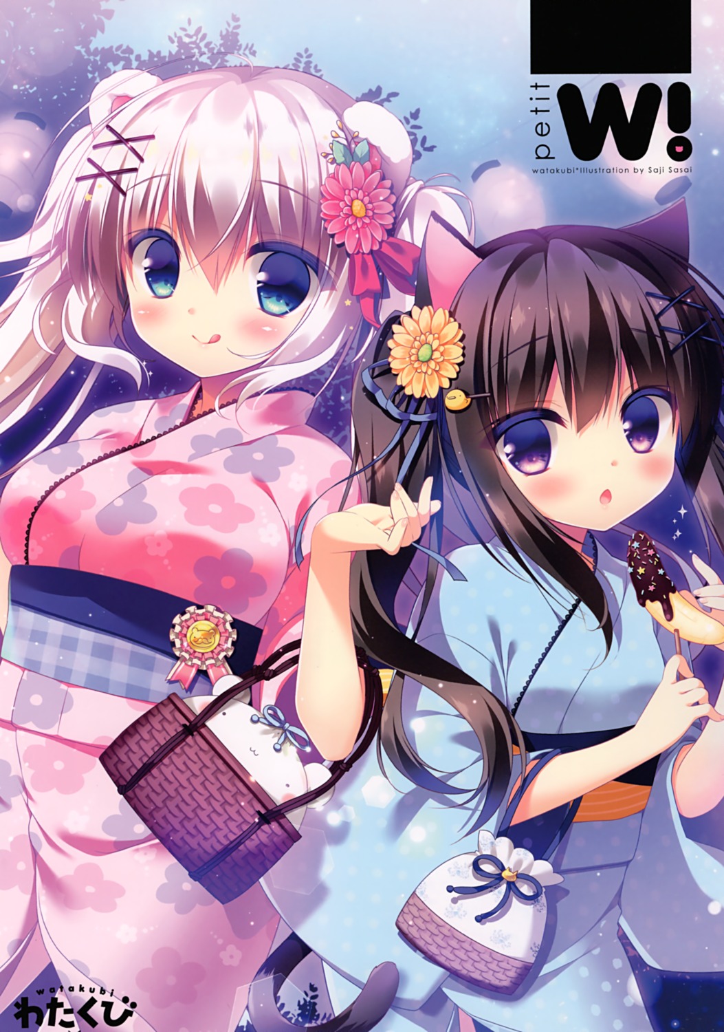 animal_ears, kuro_(sasai_saji), momo_(sasai_saji), nekomimi, sasai_saji, tail, watakubi, yukata