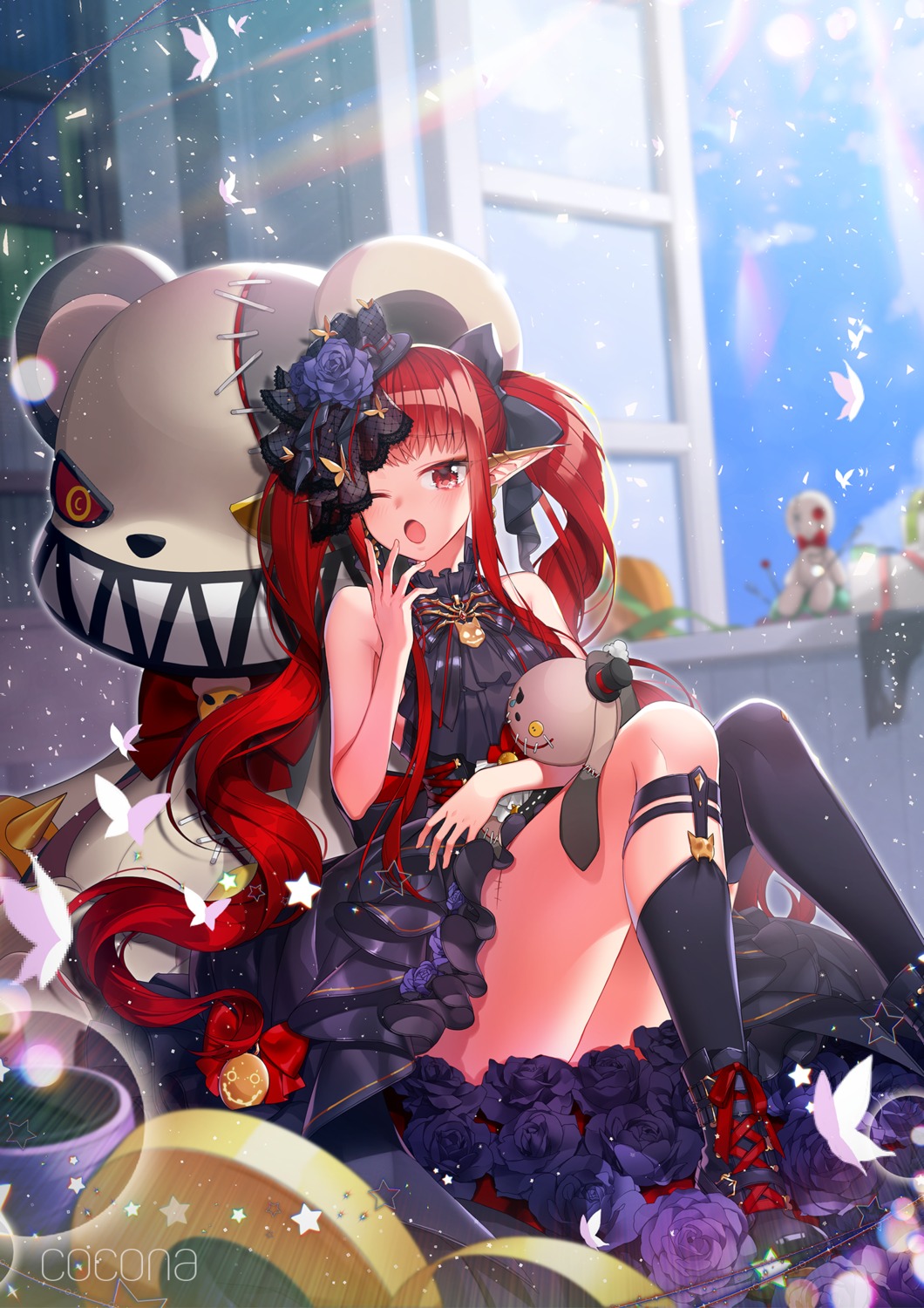 dress, dungeon_fighter, milcona, pointy_ears, thighhighs, watermark