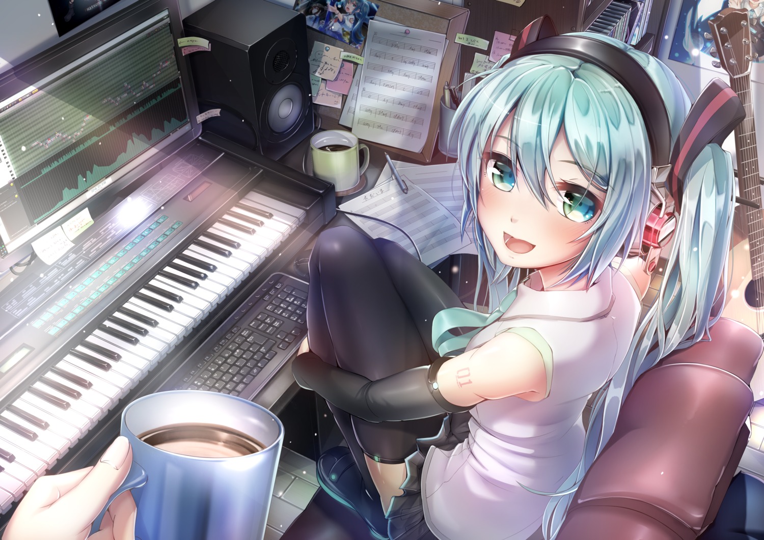 hatsune_miku, headphones, imo_bouya, tattoo, thighhighs, vocaloid