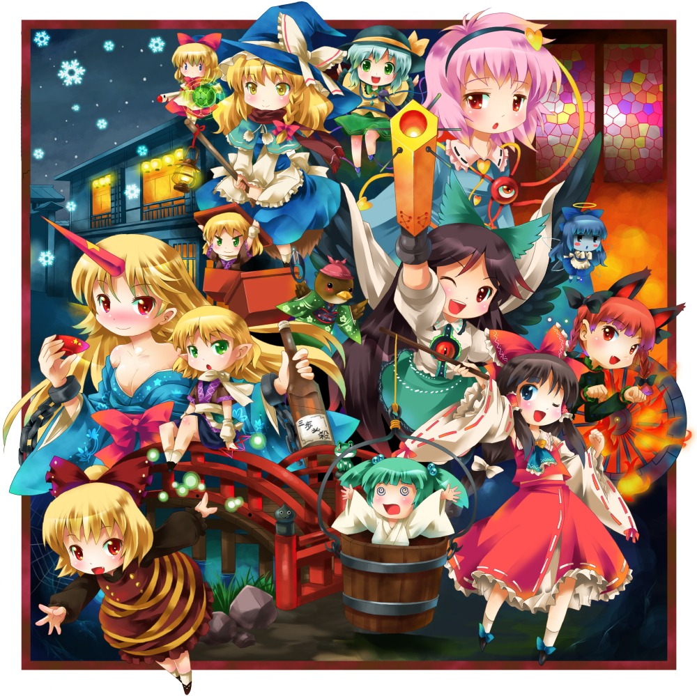 hakurei_reimu, horns, hoshiguma_yuugi, kaenbyou_rin, kirisame_marisa, kisume, komeiji_koishi, komeiji_satori, kurodani_yamame, michii_yuuki, mizuhashi_parsee, mystia_lorelei, mystia_lorelei_(bird), reiuji_utsuho, shanghai_doll, touhou