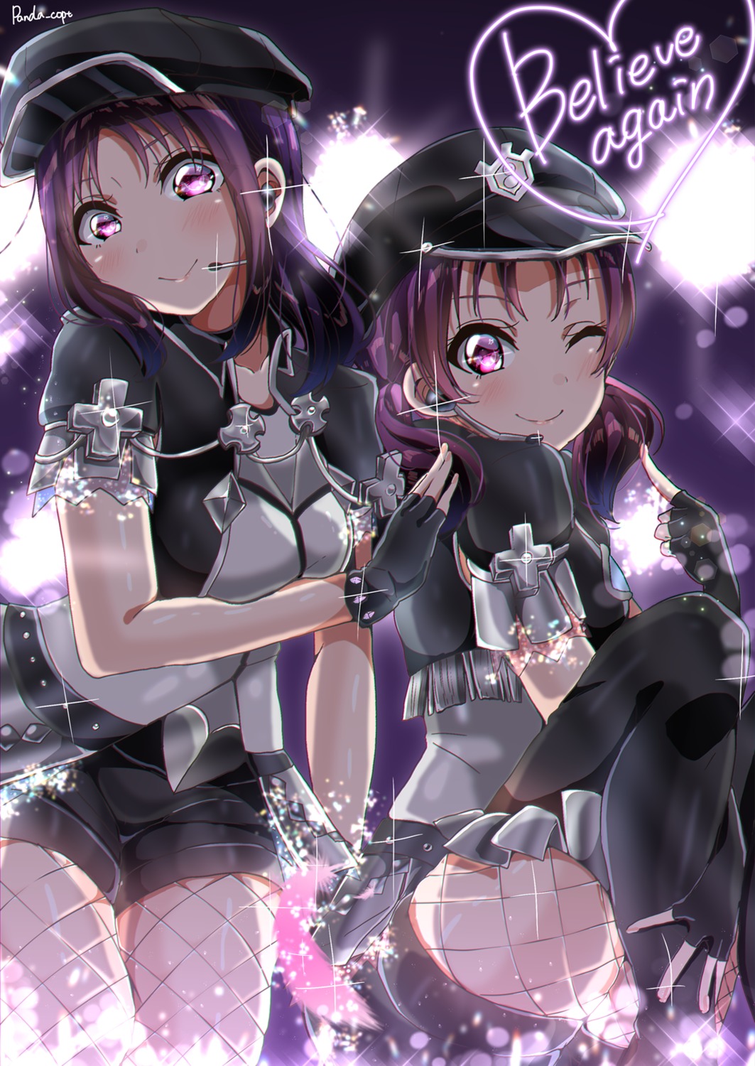 breast_hold, fishnets, kazuno_ria, kazuno_sarah, love_live!_(series), love_live!_sunshine!!, panda_copt, pantyhose