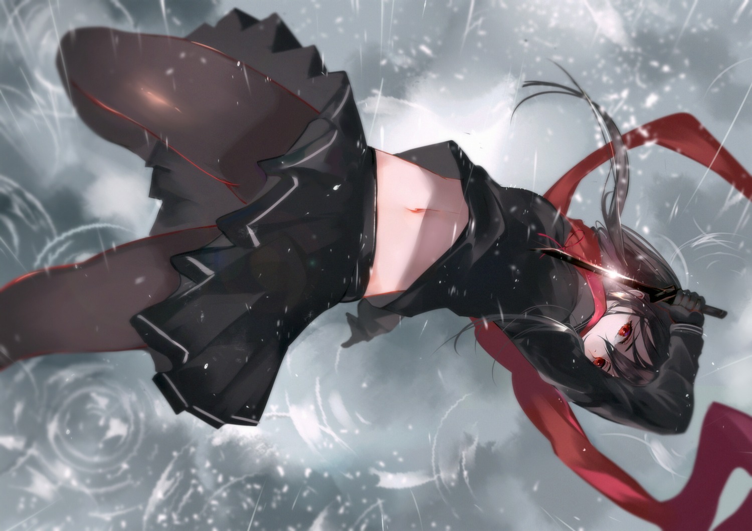 pantyhose, sayo_samonji_(tenka_hyakken), seifuku, shirt_lift, skirt_lift, tenka_hyakken, vardan, weapon