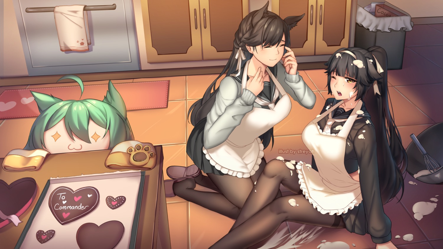 akashi_(azur_lane), animal_ears, atago_(azur_lane), azur_lane, cream, pantyhose, seifuku, streyah, sweater, takao_(azur_lane)