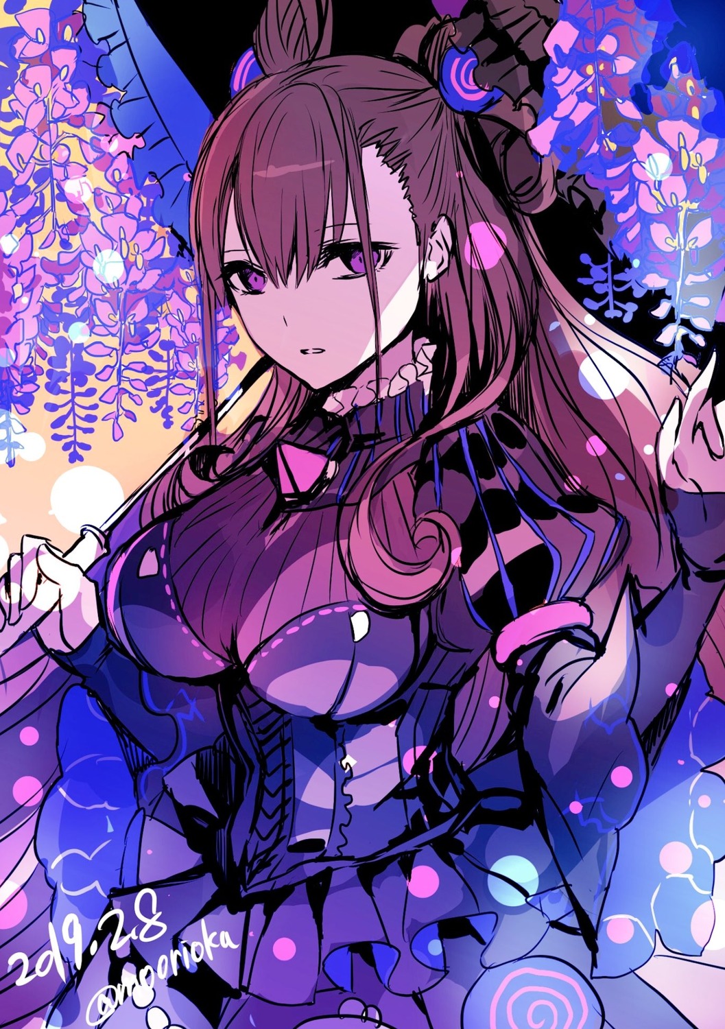 cleavage, dress, fate/grand_order, murasaki_shikibu_(fate), rioka_(southern_blue_sky), see_through, umbrella