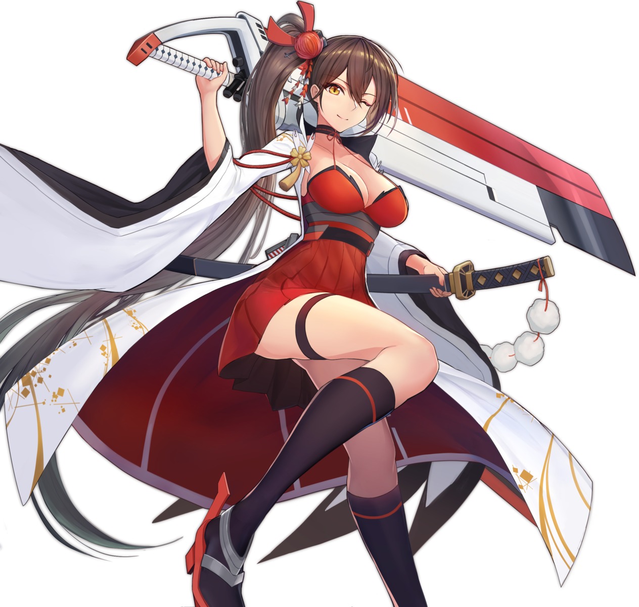 azur_lane, cleavage, garter, heels, japanese_clothes, morichika_shuuto, sword, zuikaku_(azur_lane)