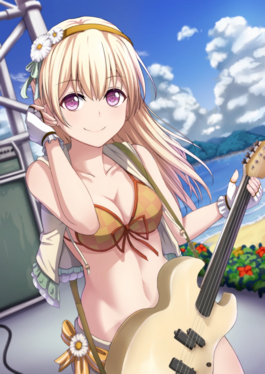 bang_dream!, bikini, guitar, narafume, open_shirt, shirasagi_chisato, swimsuits