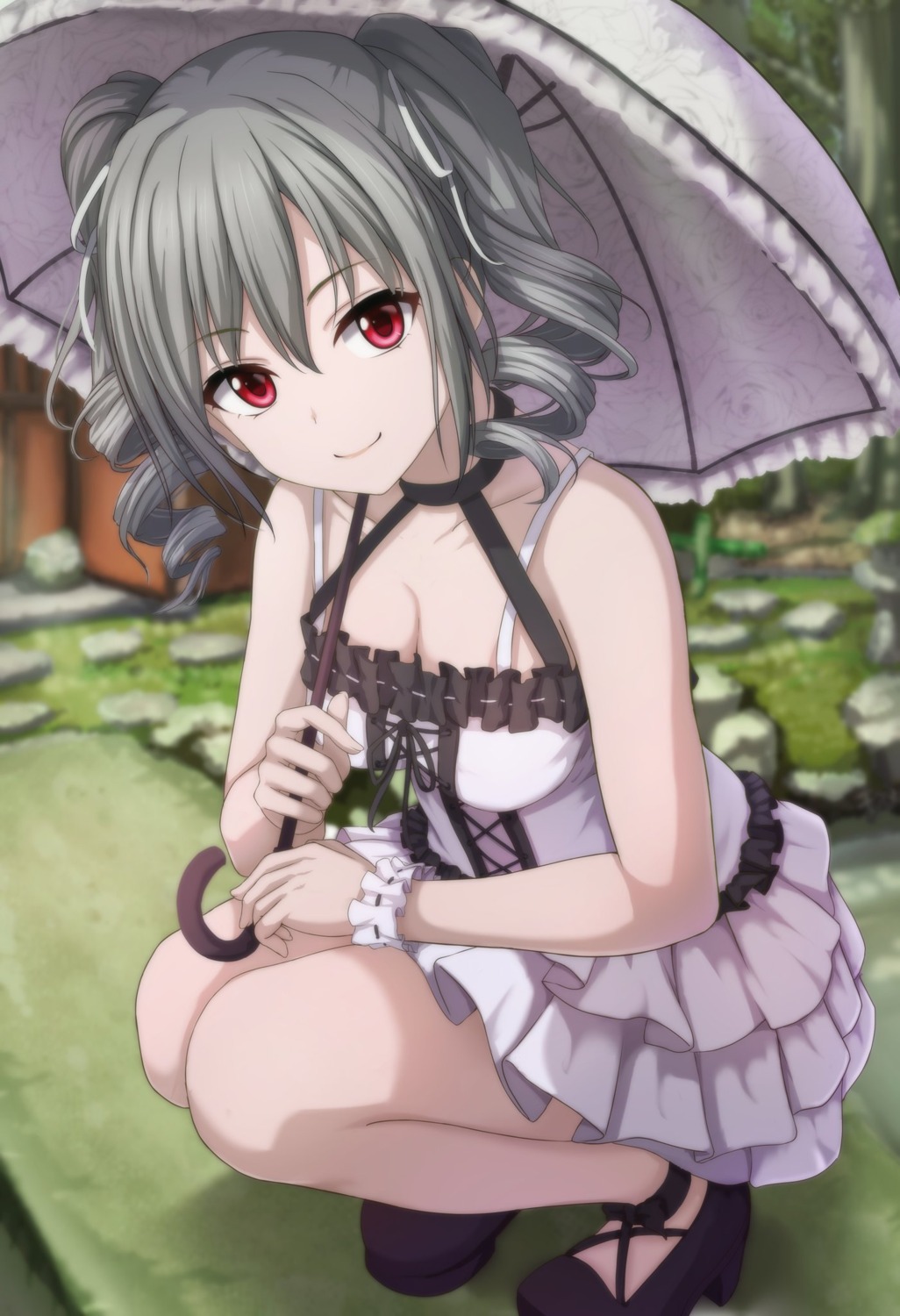 cleavage, dress, heels, kanzaki_ranko, narafume, the_idolm@ster, the_idolm@ster_cinderella_girls, umbrella