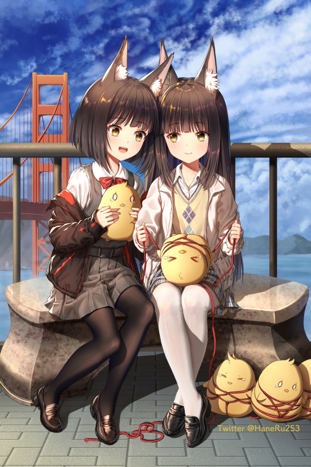 animal_ears, azur_lane, haneru, manjuu_(azur_lane), mutsu_(azur_lane), nagato_(azur_lane), pantyhose, seifuku