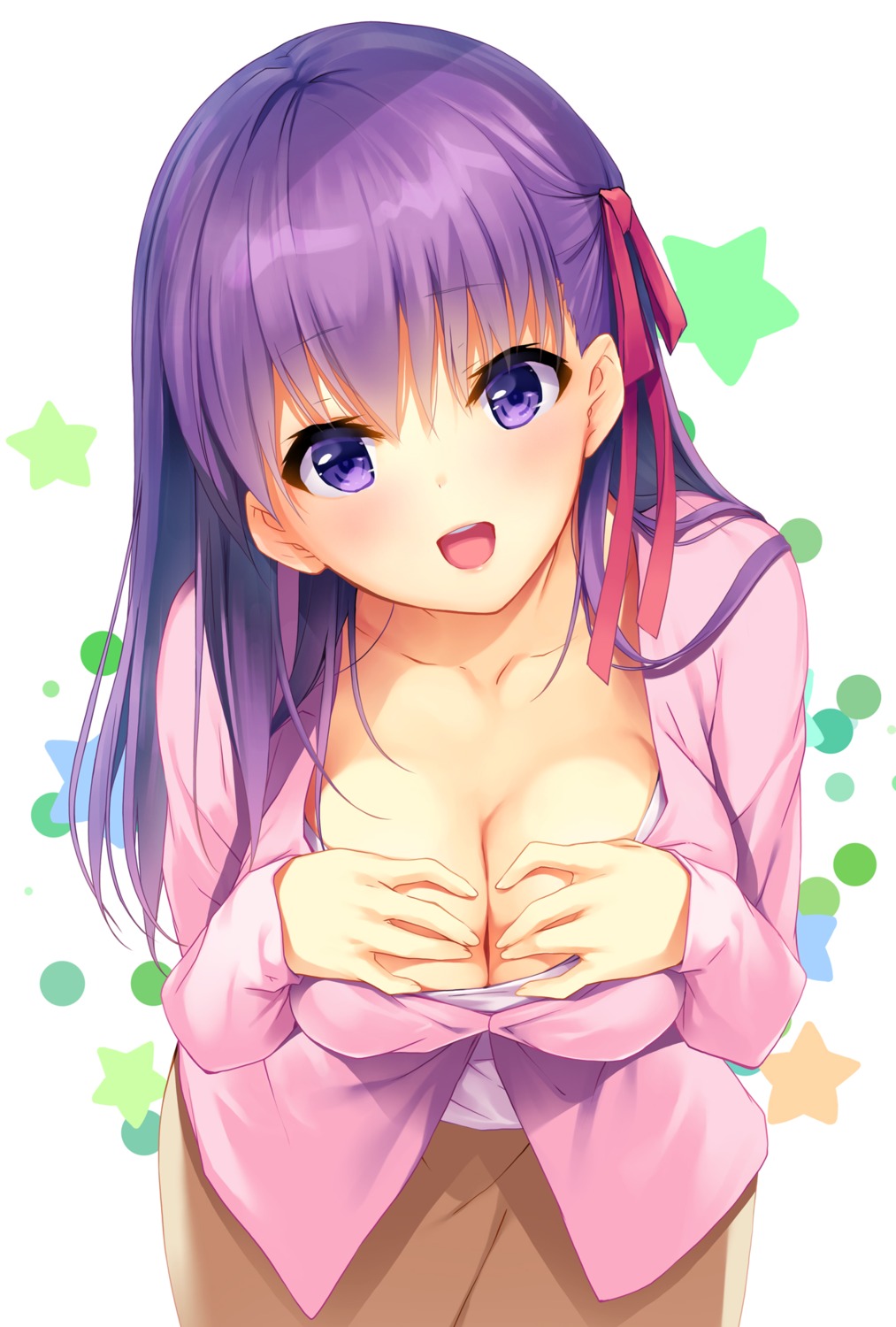 breast_hold, cleavage, fate/stay_night, ichikawa_noa, matou_sakura, open_shirt