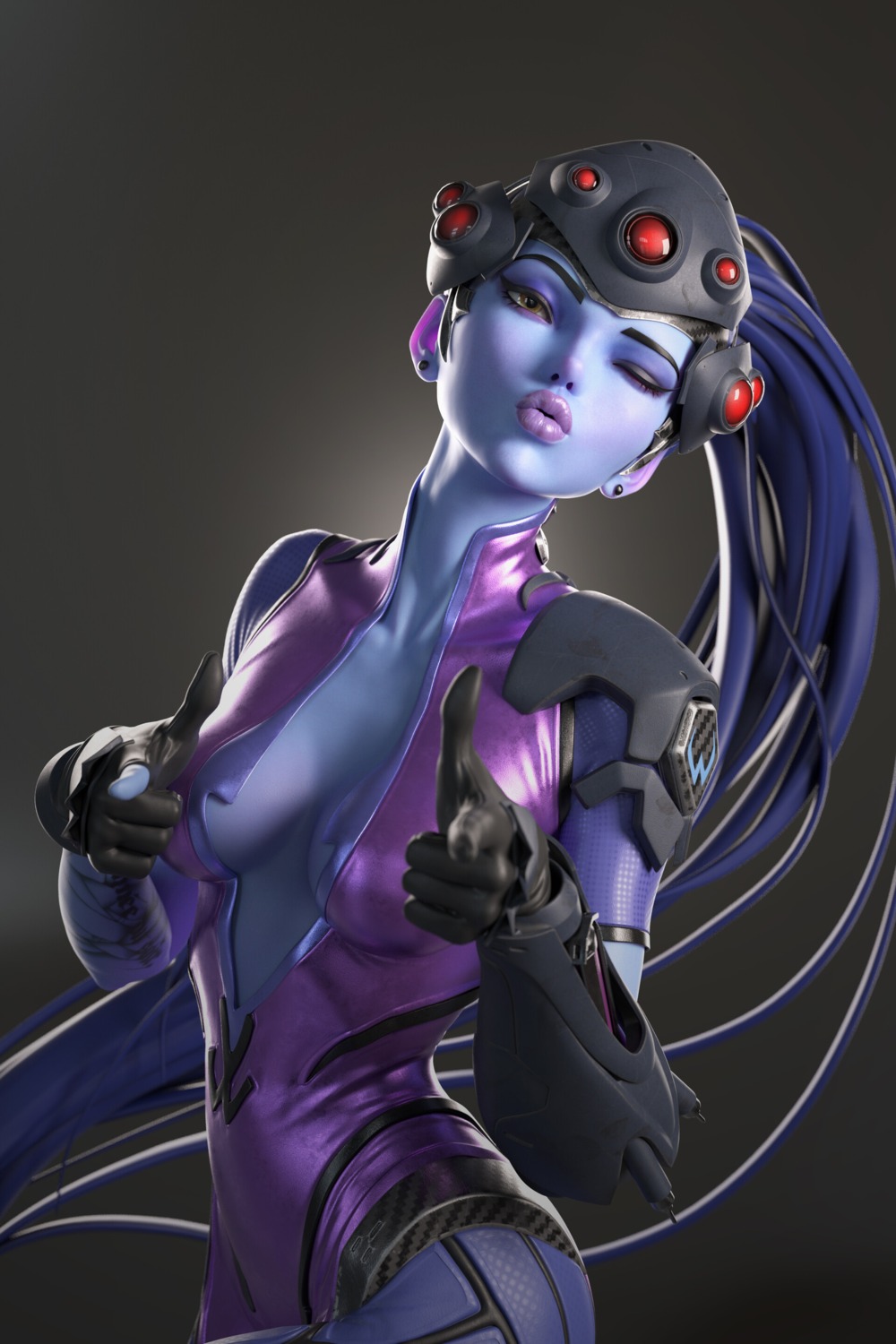 bodysuit, cleavage, no_bra, open_shirt, overwatch, qi_sheng_luo, widowmaker