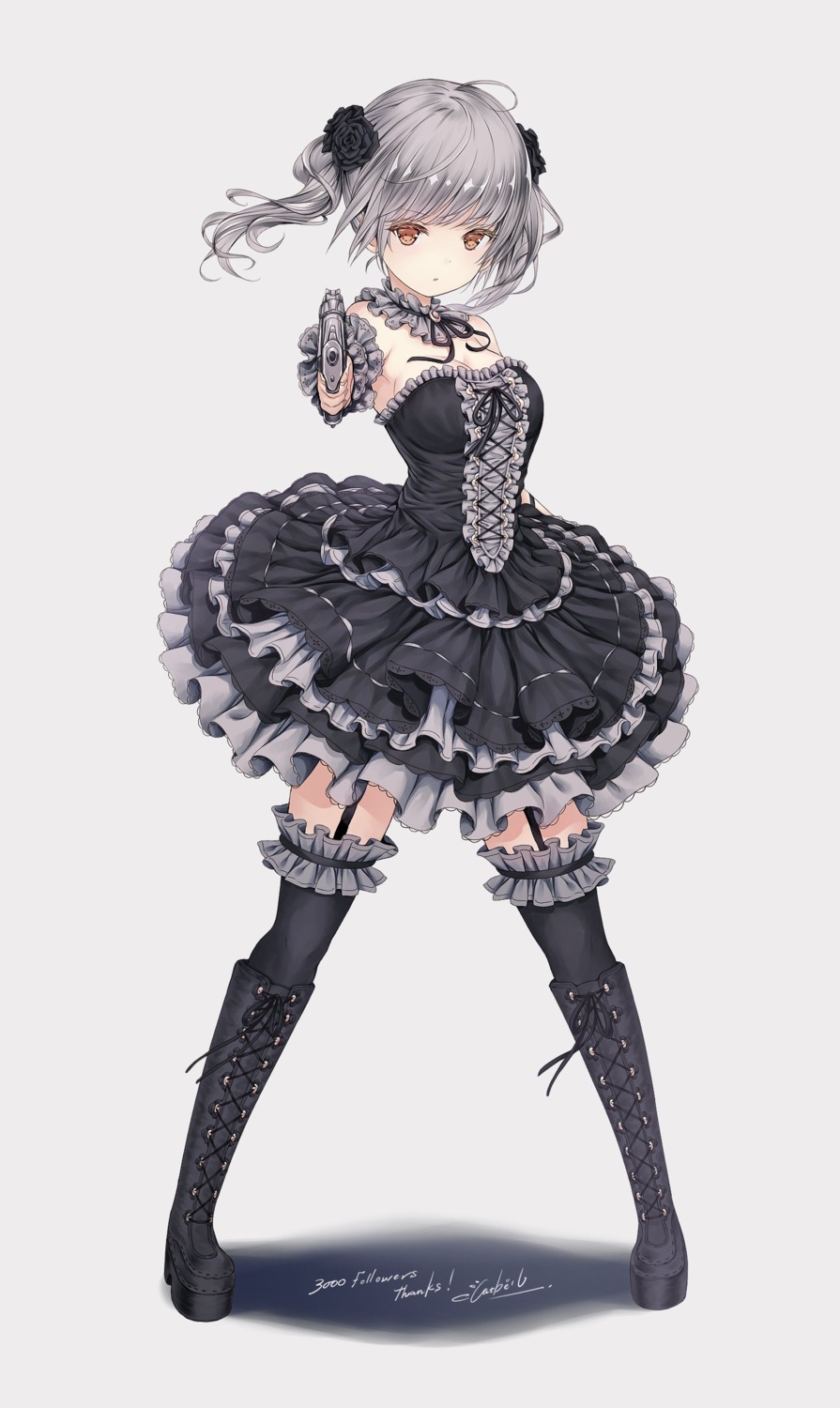 catbell, cleavage, dress, gothic_lolita, gun, heels, lolita_fashion, stockings