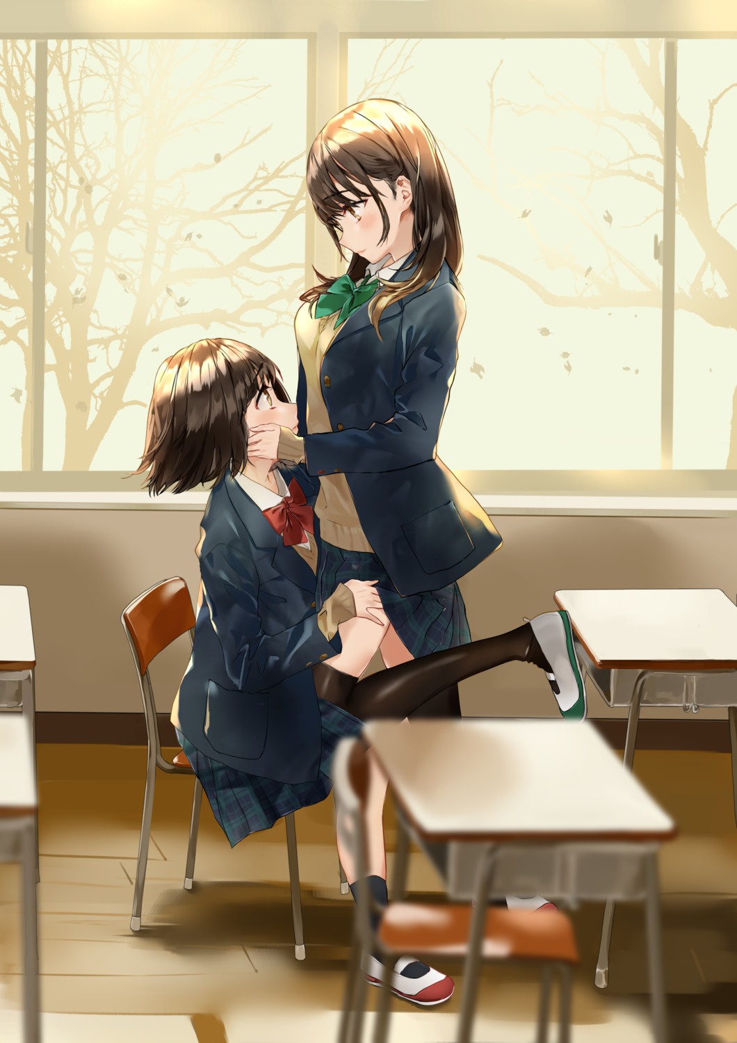 fujisaki_ribbon, seifuku, skirt_lift, sweater, thighhighs, yuri