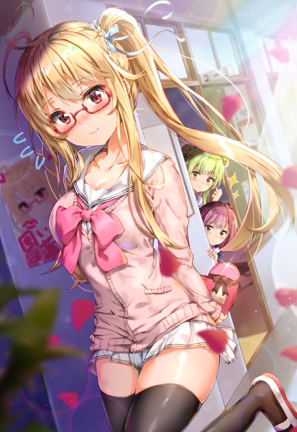cleavage, himesaki_natsuwo, kosiba_nigiri, kuria_(clear_trip_second), megane, moroboshi_meroko, seifuku, shp, sweater, thighhighs, valentine