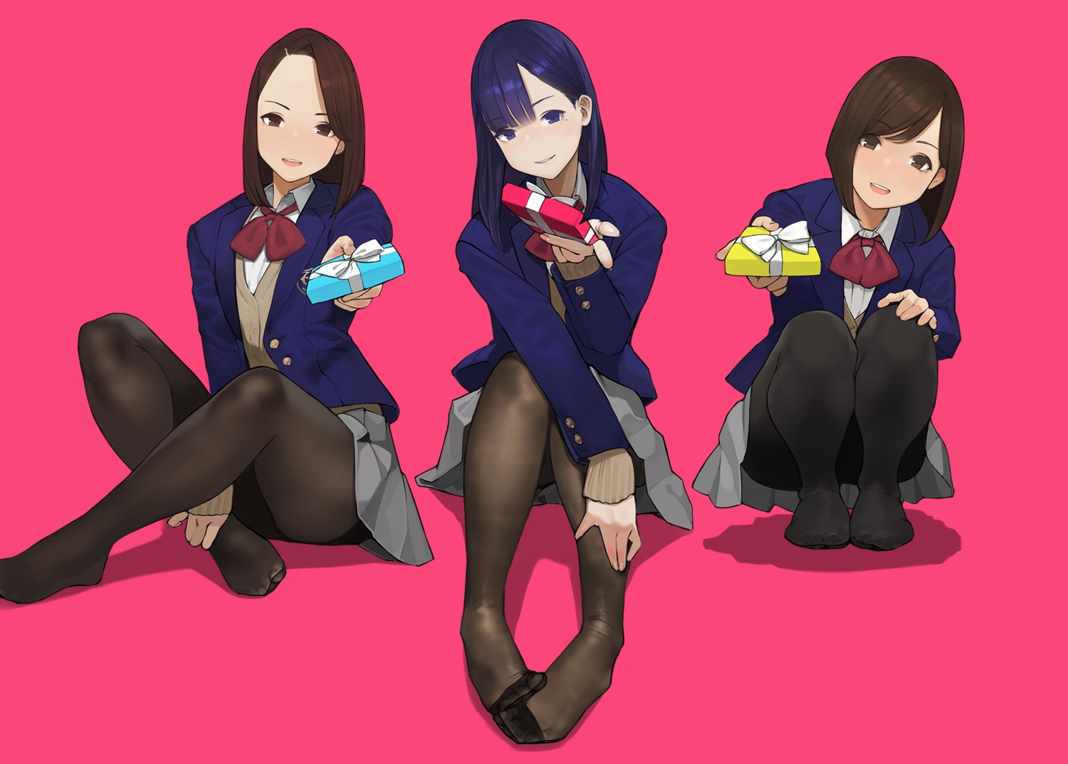 aikawa_ren, feet, miru_tights, moegi_homi, nakabeni_yua, pantyhose, seifuku, sweater