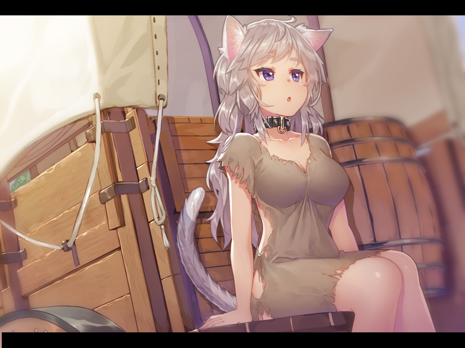 animal_ears, cleavage, dress, kibamigohann, nekomimi, tail, torn_clothes