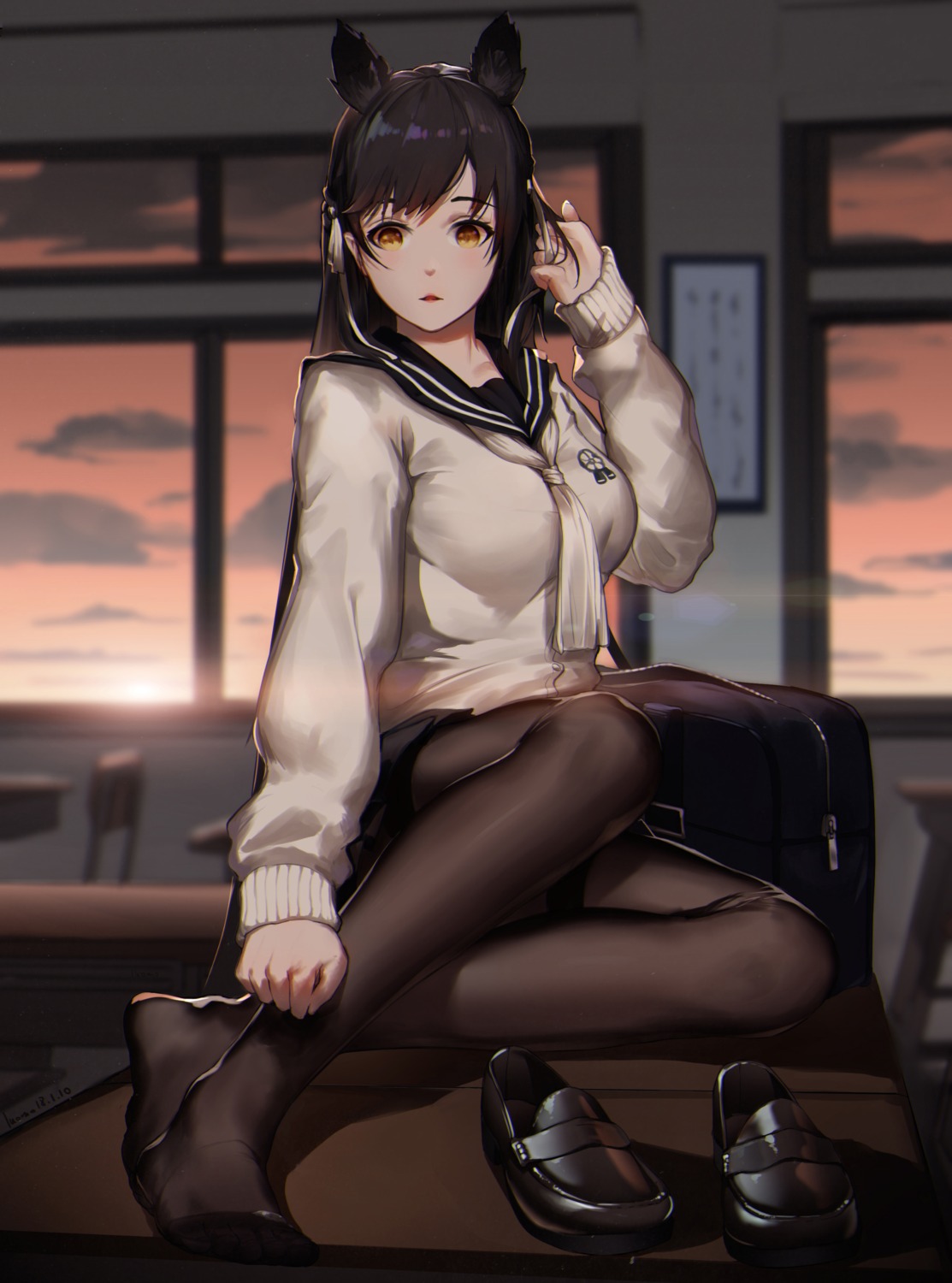 animal_ears, atago_(azur_lane), azur_lane, luomo, pantyhose, seifuku, sweater