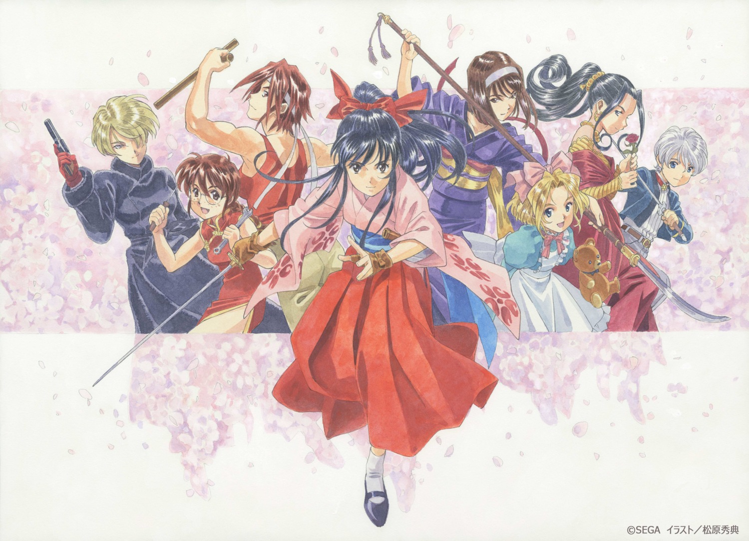 chinadress, gun, iris_chateaubriand, japanese_clothes, kanna_kirishima, leni_milchstrasse, li_kohran, maria_tachibana, matsubara_hidenori, megane, sakura_taisen, sakura_taisen_ii, shinguuji_sakura, soletta_orihime, sumire_kanzaki, sword, weapon, yukata