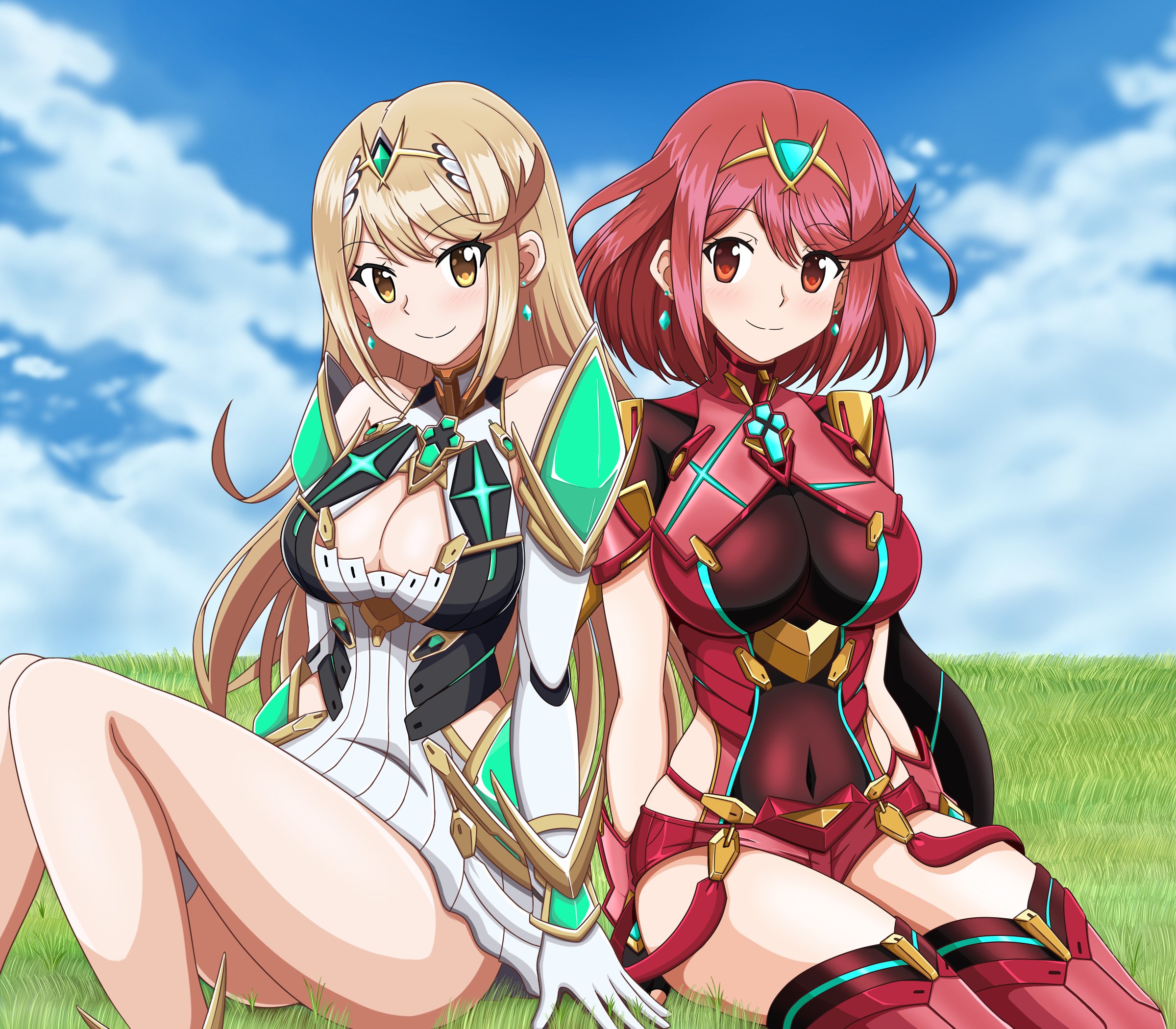 bodysuit, cleavage, hikari_(xenoblade_2), homura_(xenoblade_2), kuro_hopper, thighhighs, xenoblade_(series), xenoblade_2