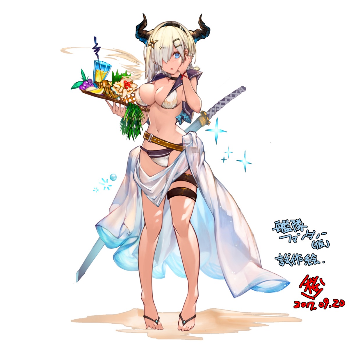 bikini, cosplay, garter, granblue_fantasy, hamakaze_(kancolle), horns, kantai_collection, sakura_rock, see_through, swimsuits, sword
