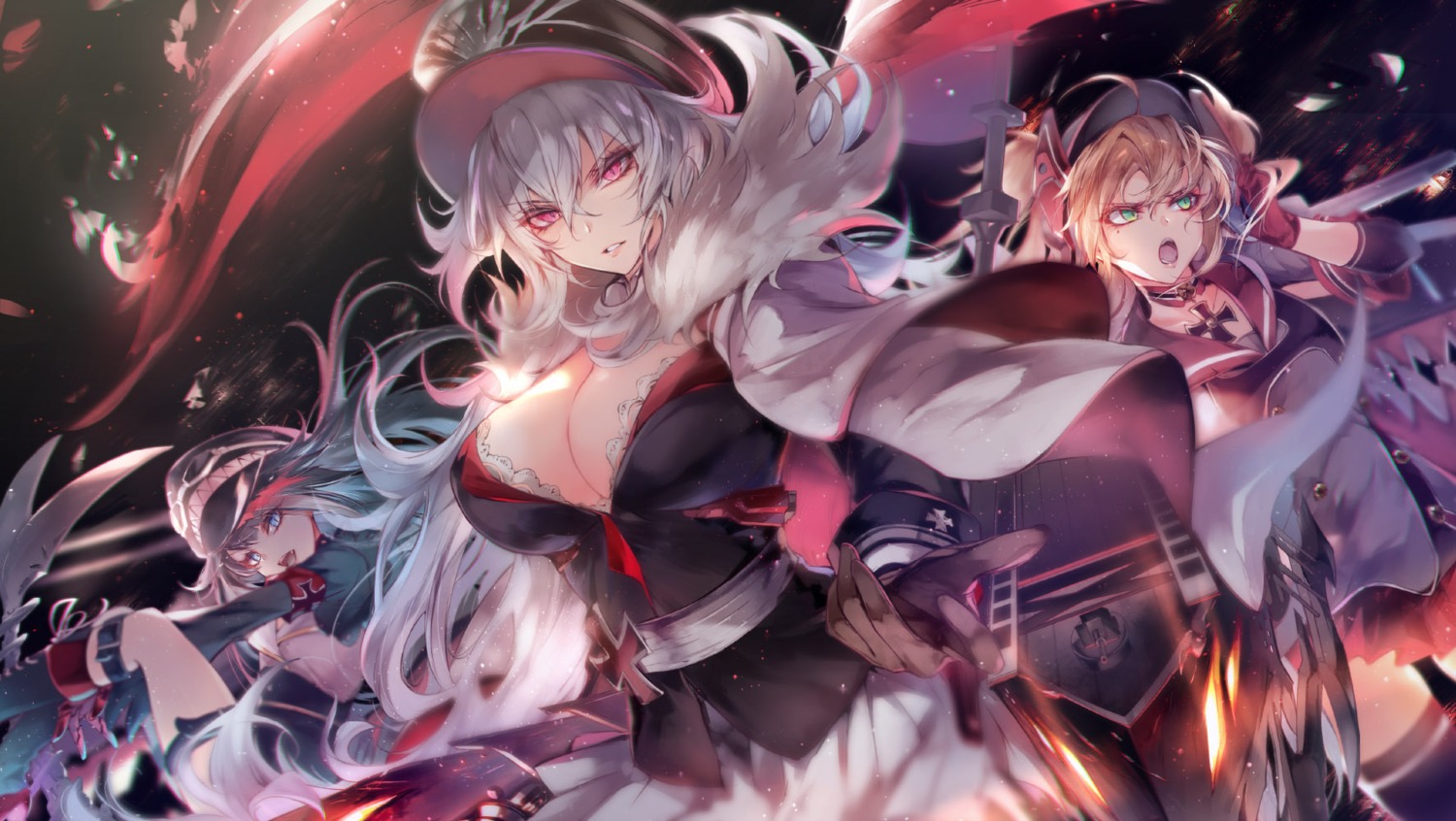 admiral_hipper_(azur_lane), azur_lane, bra, cleavage, deutschland_(azur_lane), graf_zeppelin_(azur_lane), kanaria_(fuusenkazura), open_shirt, thighhighs, uniform