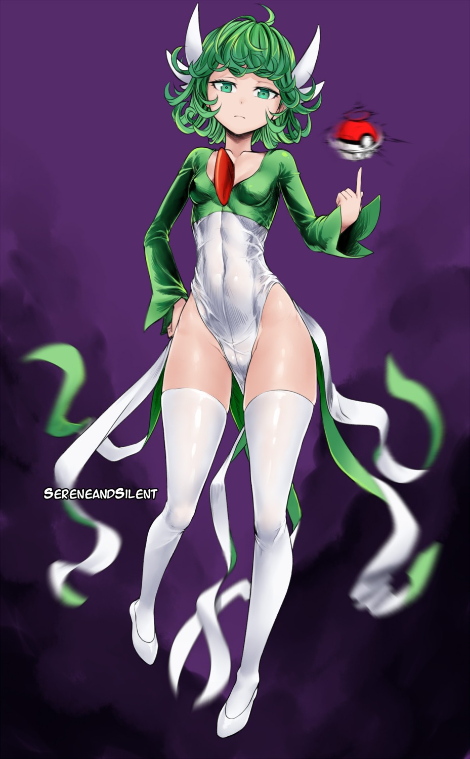 cameltoe, cosplay, dress, gardevoir, horns, nopan, one_punch_man, pokemon, sereneandsilent, tatsumaki_(one_punch_man), thighhighs