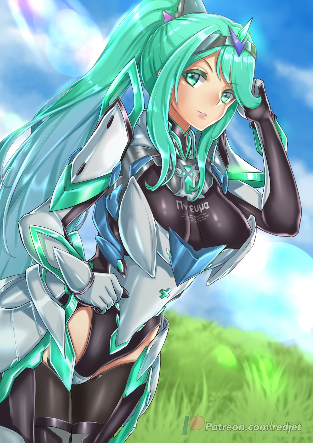 armor, bodysuit, pneuma_(xenoblade_2), redjet, thighhighs, xenoblade_(series), xenoblade_2
