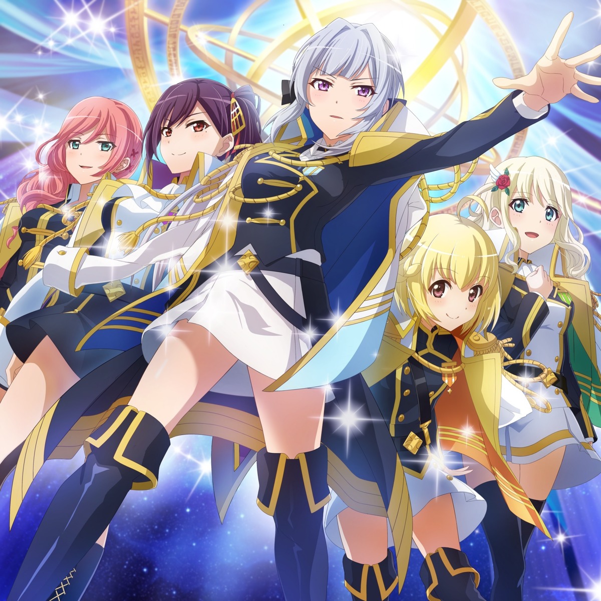 breast_hold, disc_cover, liu_meifan, ootori_michiru, shoujo_kageki_revue_starlight, shoujo_kageki_revue_starlight_-re_live-, tagme, thighhighs, tsuruhime_yachiyo, uniform, yukishiro_akira, yumeooji_shiori