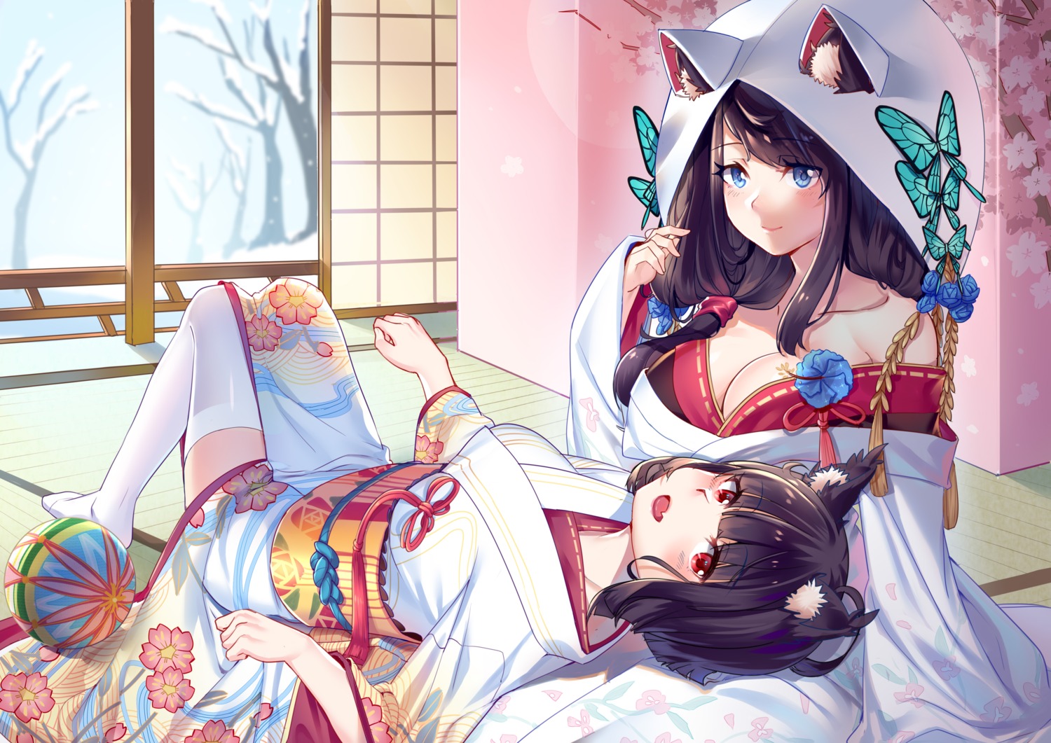 aer_(tengqiu), animal_ears, azur_lane, cleavage, fusou_(azur_lane), kimono, no_bra, open_shirt