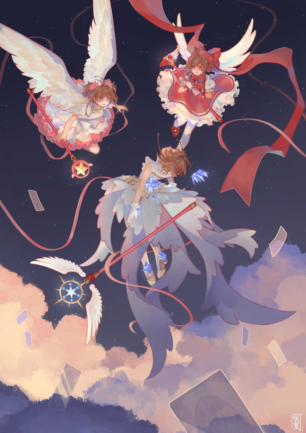card_captor_sakura, dress, heels, kinomoto_sakura, pantyhose, sophie_usui, weapon, wings