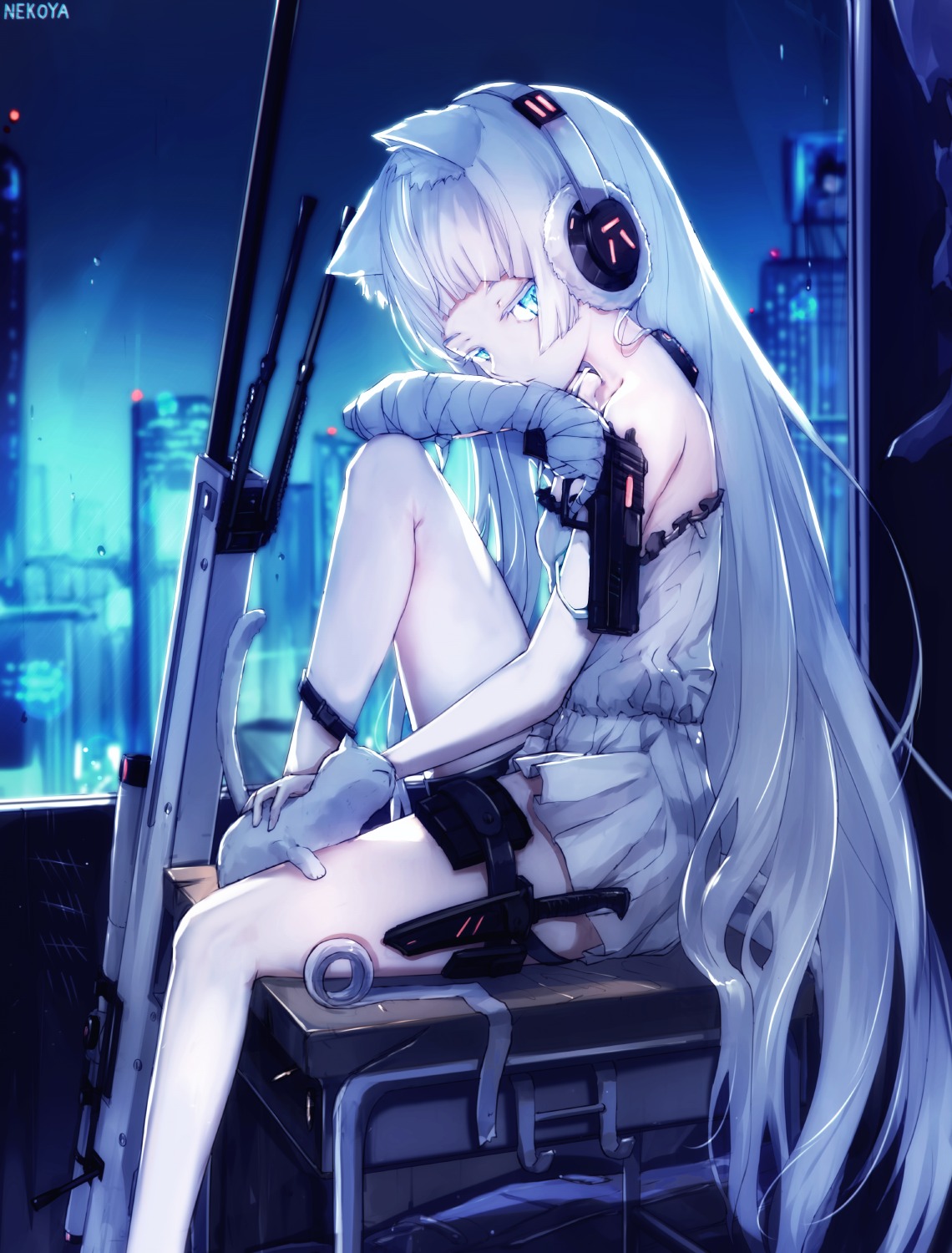 animal_ears, awp_(girls_frontline), bandages, dress, girls_frontline, gun, headphones, nekoya_(liu)