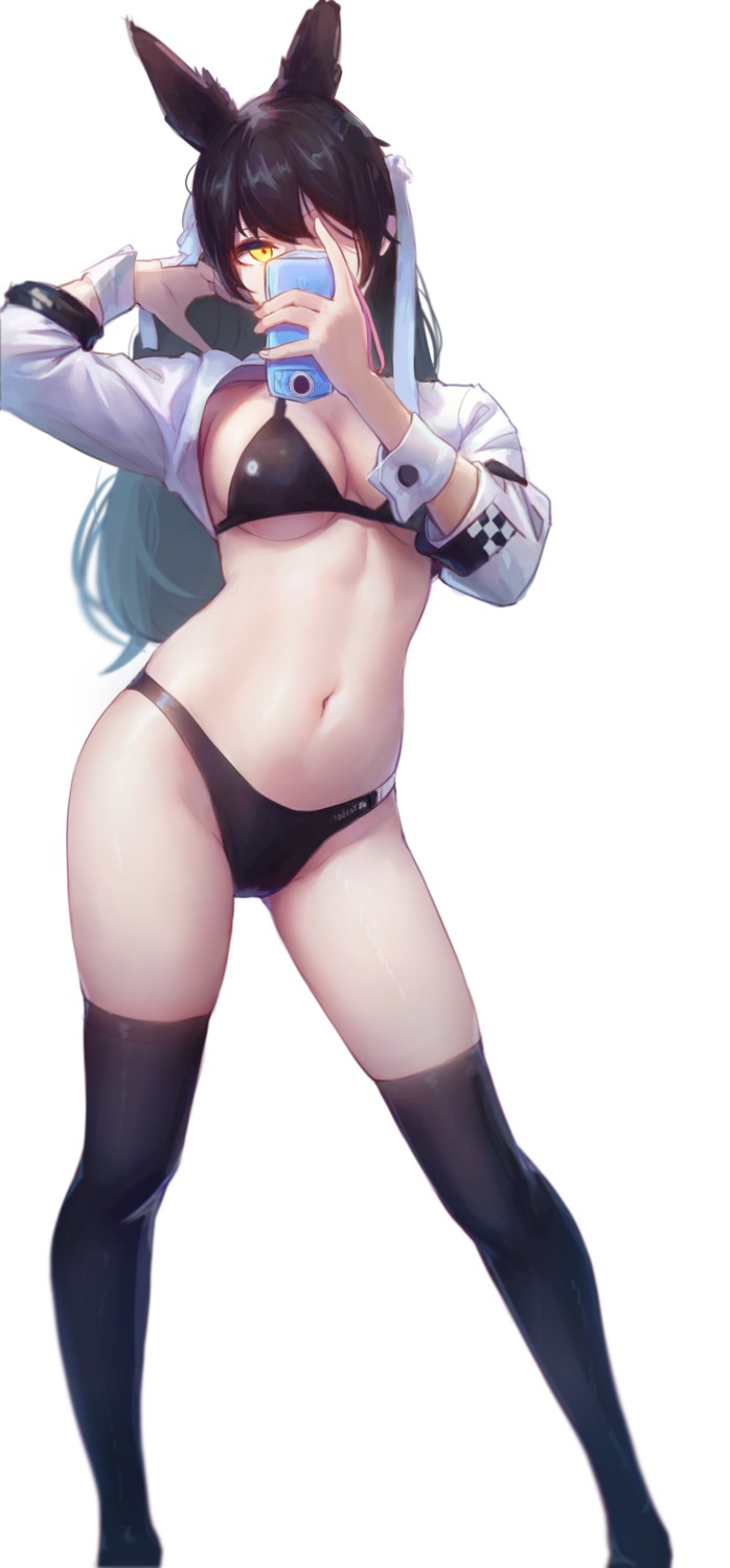 animal_ears, atago_(azur_lane), azur_lane, bikini, cleavage, nai_(daiduolaoge), open_shirt, stockings, swimsuits, thighhighs, underboob