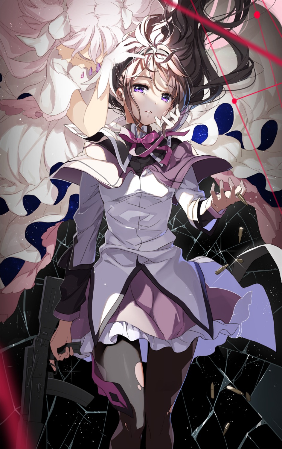 akemi_homura, dress, gun, kaname_madoka, mahou_shoujo_madoka_magica, pantyhose, starpri, torn_clothes