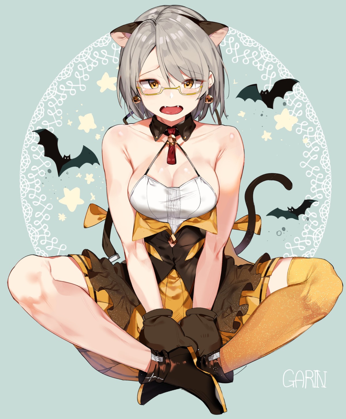 cleavage, garin, girls_frontline, halloween, heels, megane, tail, thighhighs