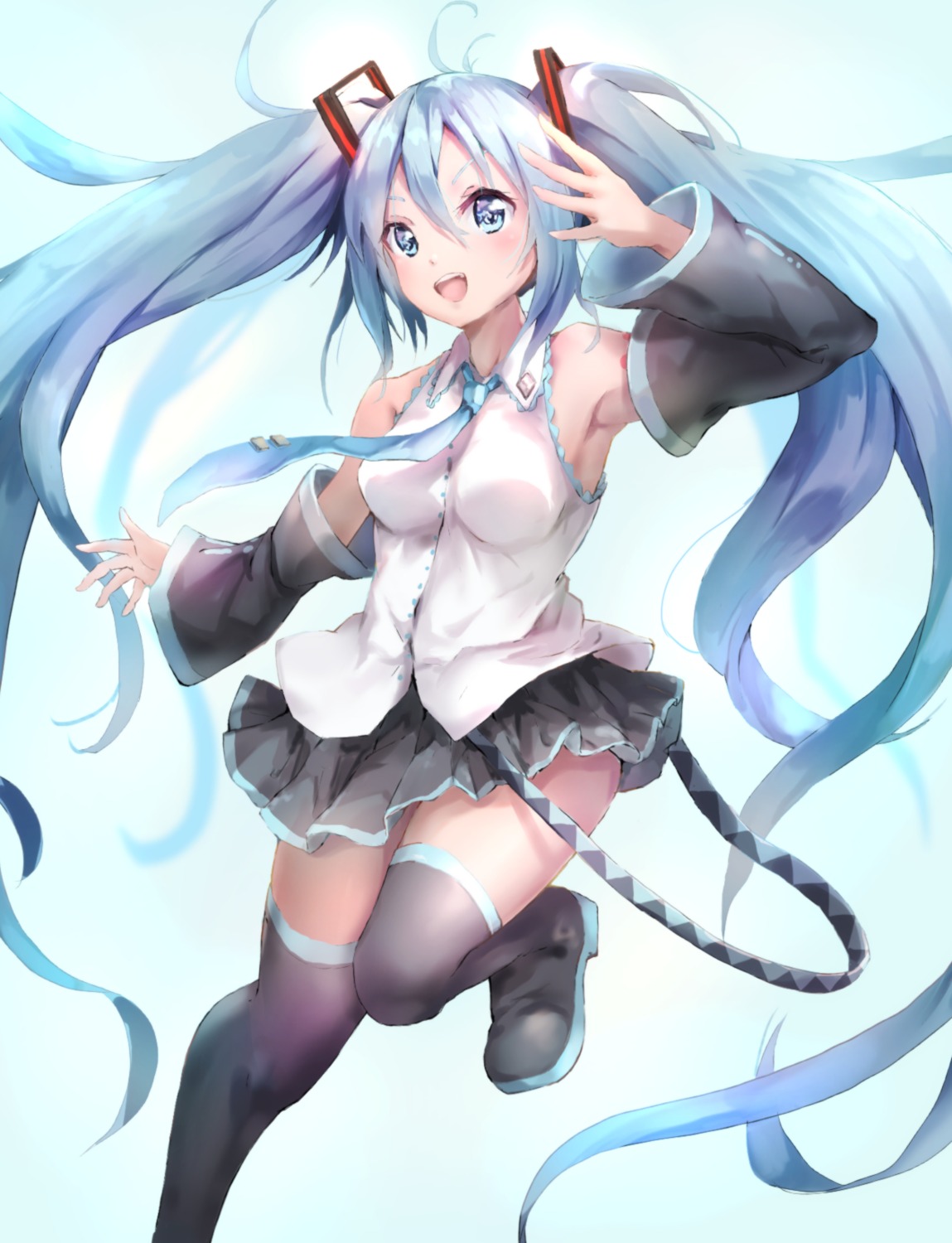 hatsune_miku, heels, kyon_(kyouhei-takebayashi), skirt_lift, thighhighs, vocaloid