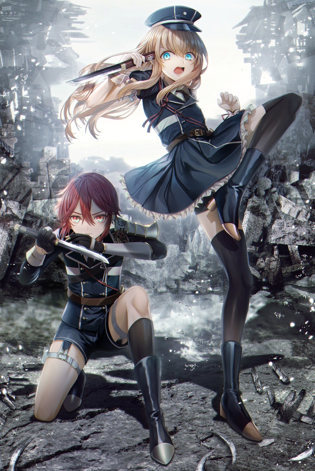 abandon_ranka, armor, garter, heels, midare_toushirou, shinano_toushirou, skirt_lift, thighhighs