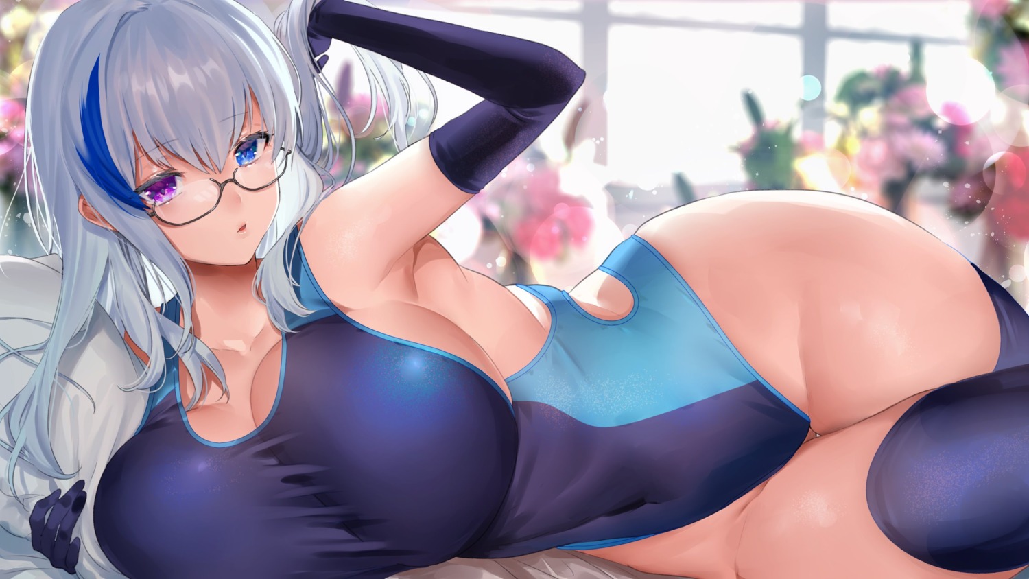 cleavage, heterochromia, hyouka_(yashiro_sousaku), megane, mimoza, swimsuits, thighhighs