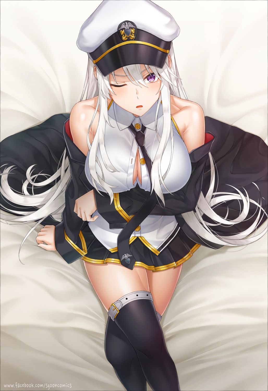azur_lane, breast_hold, cleavage, enterprise_(azur_lane), no_bra, open_shirt, s-goon, thighhighs, uniform