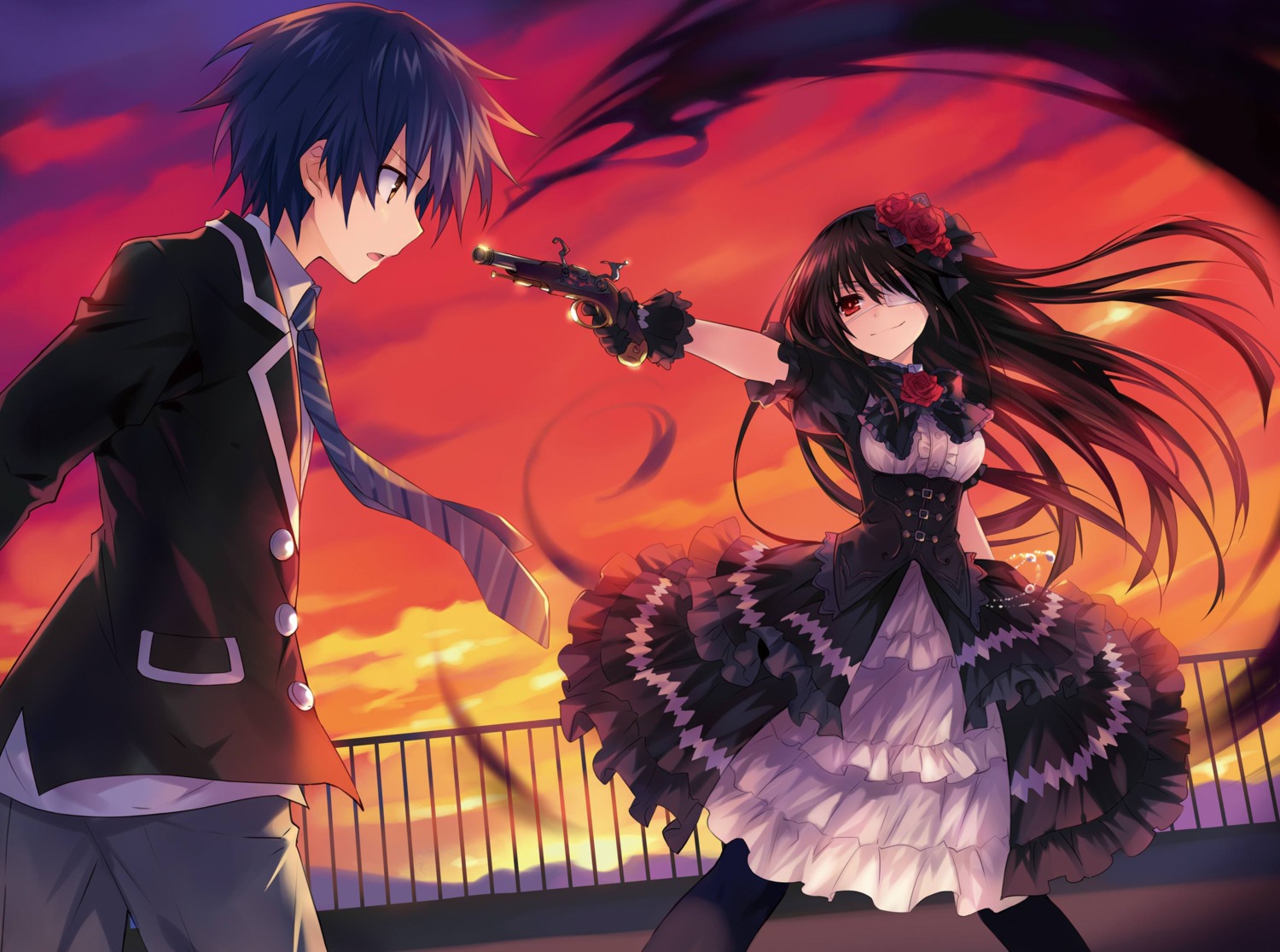 date_a_live, detexted, dress, eyepatch, gothic_lolita, gun, itsuka_shidou, lolita_fashion
