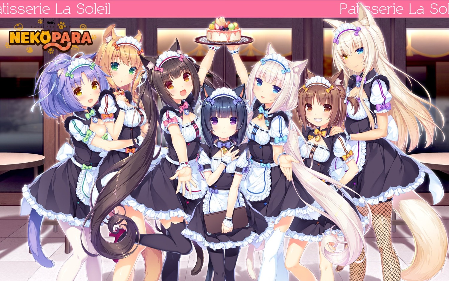 animal_ears, azuki, chocola, cinnamon_(nekopara), cleavage, coconut, fishnets, heels