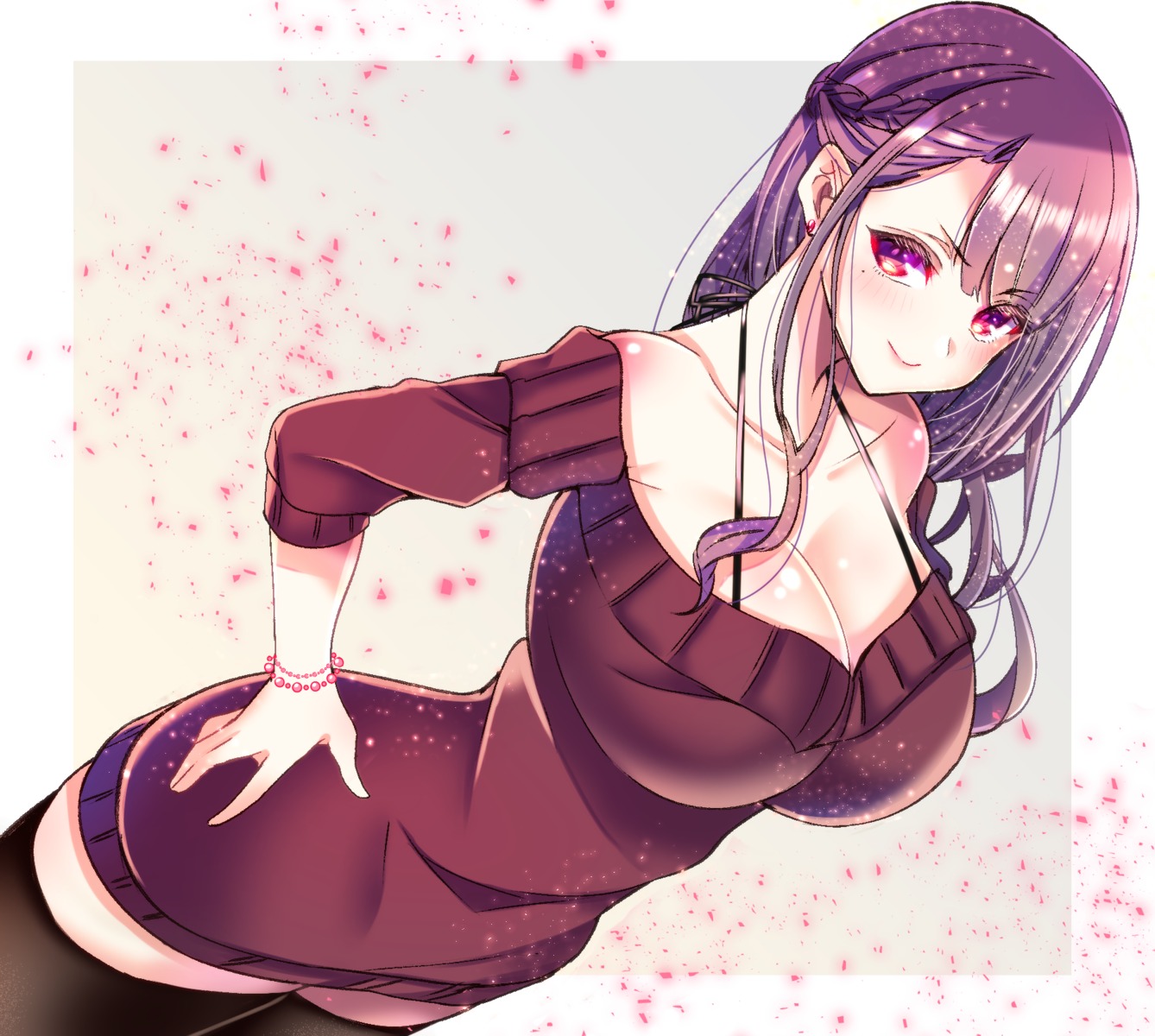 aizawa_chihiro, bra, cleavage, dress, sweater, thighhighs