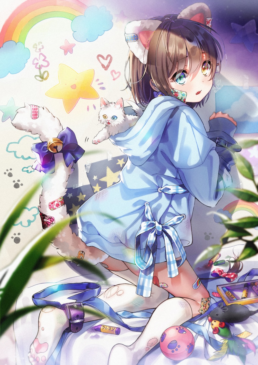 animal_ears, bandaid, heterochromia, je35353577, neko, nekomimi, tail