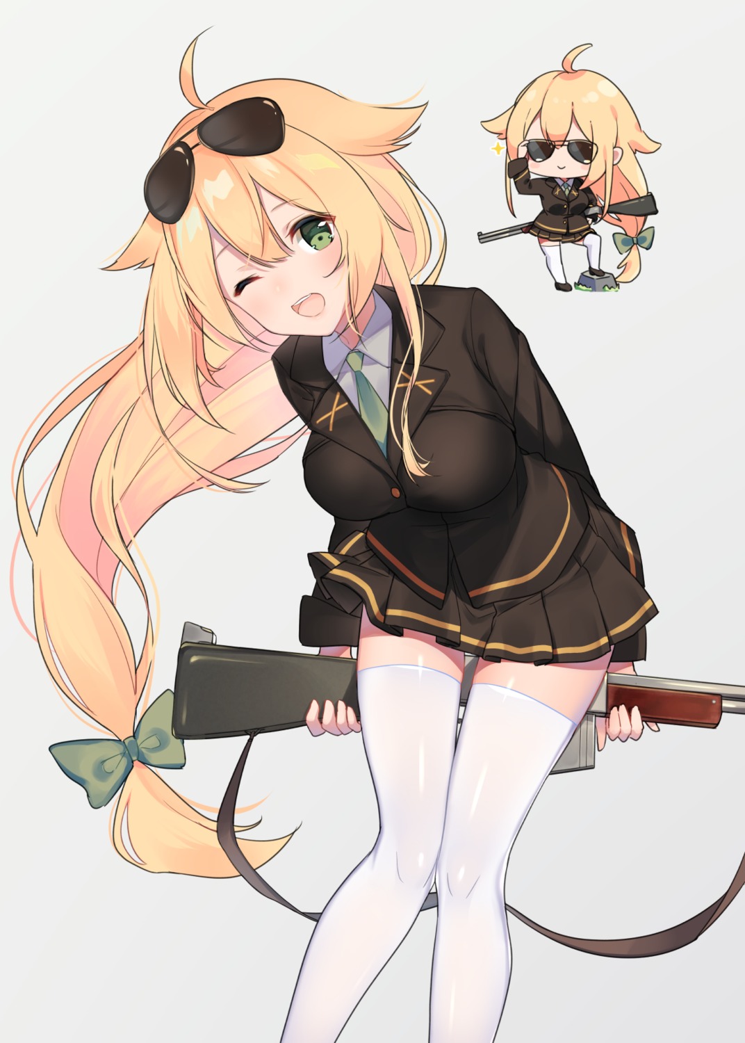 chibi, cona_kinaco, girls_frontline, m1918_bar_(girls_frontline), megane, thighhighs, uniform, weapon