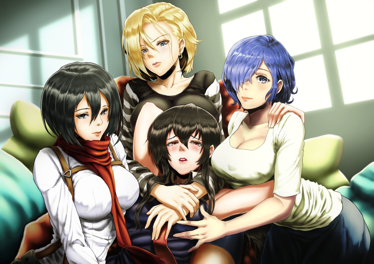 akame, akame_ga_kill!, android_18, breast_grab, cleavage, crossover, dragon_ball, dragon_ball_z