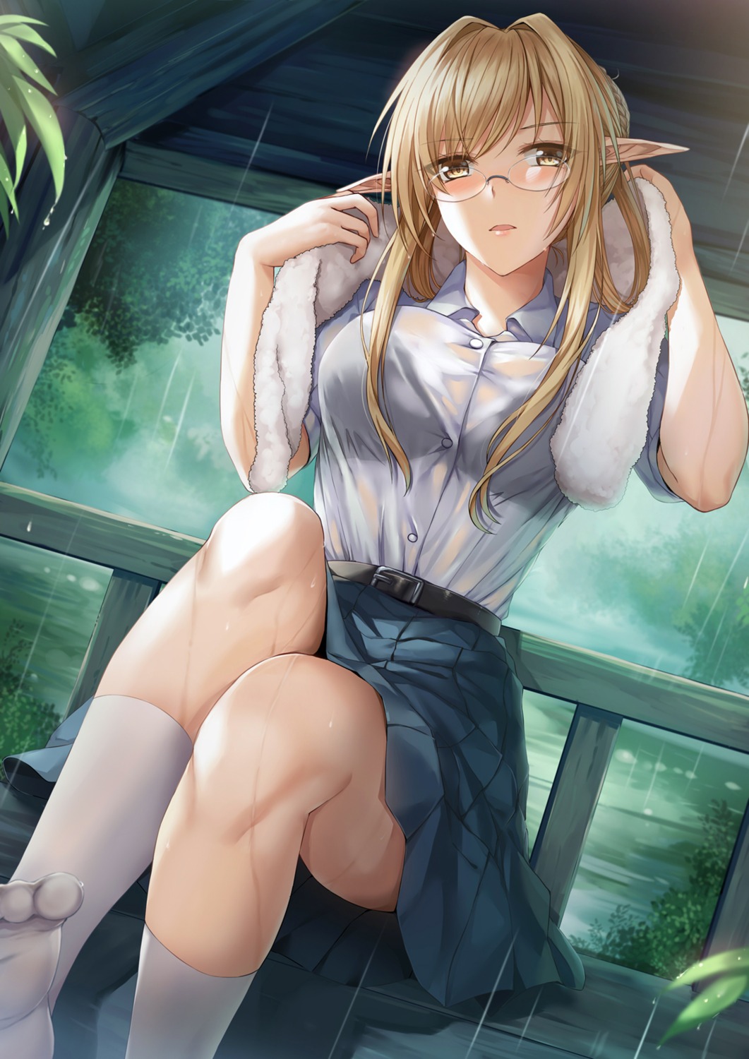 bra, elf, luzi, megane, pointy_ears, see_through, seifuku, wet