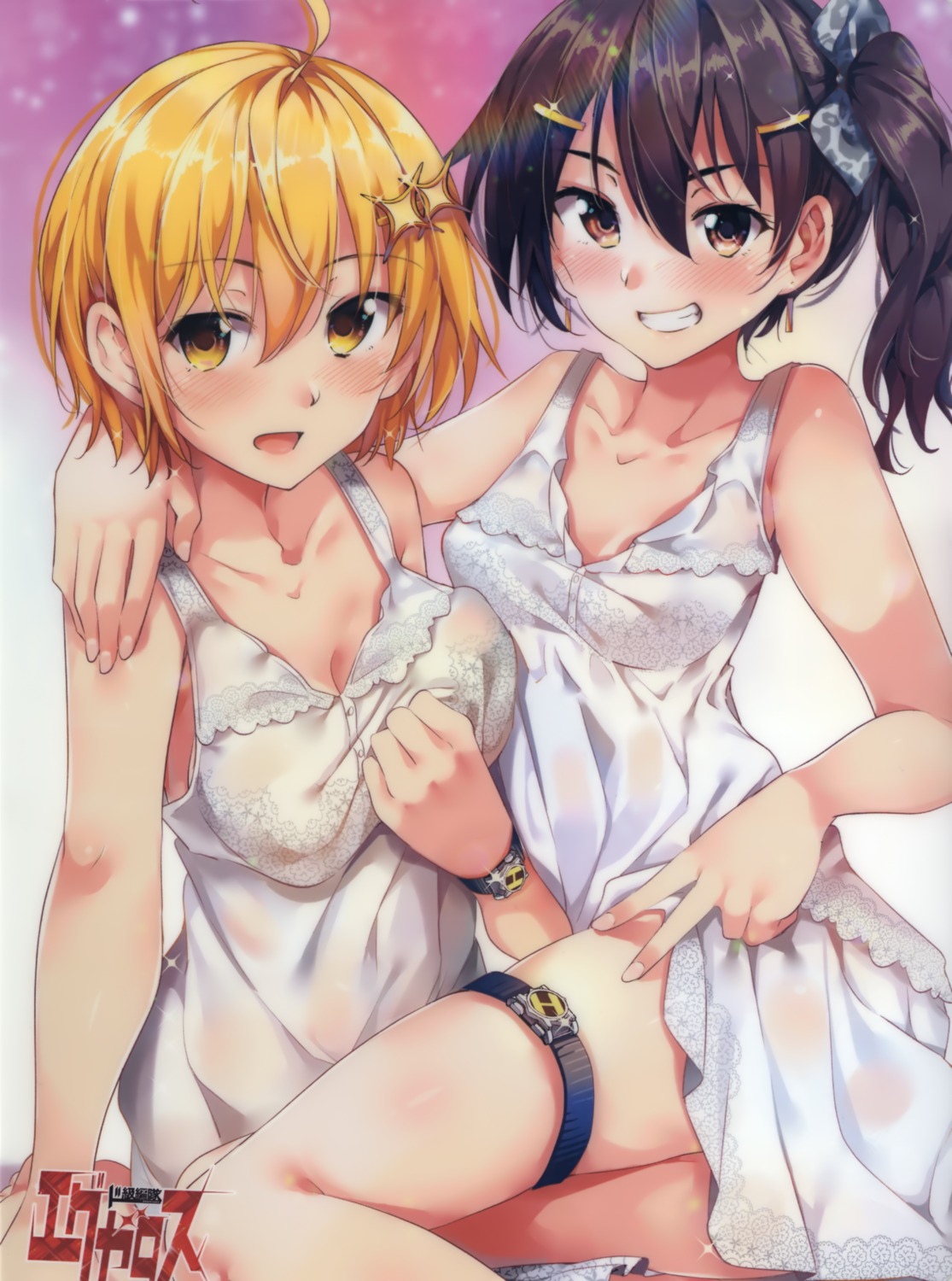 breast_hold, dokyuu_hentai_hxeros, dress, garter, hoshino_kirara, momozono_momoka, ryouma_(galley), see_through, skirt_lift