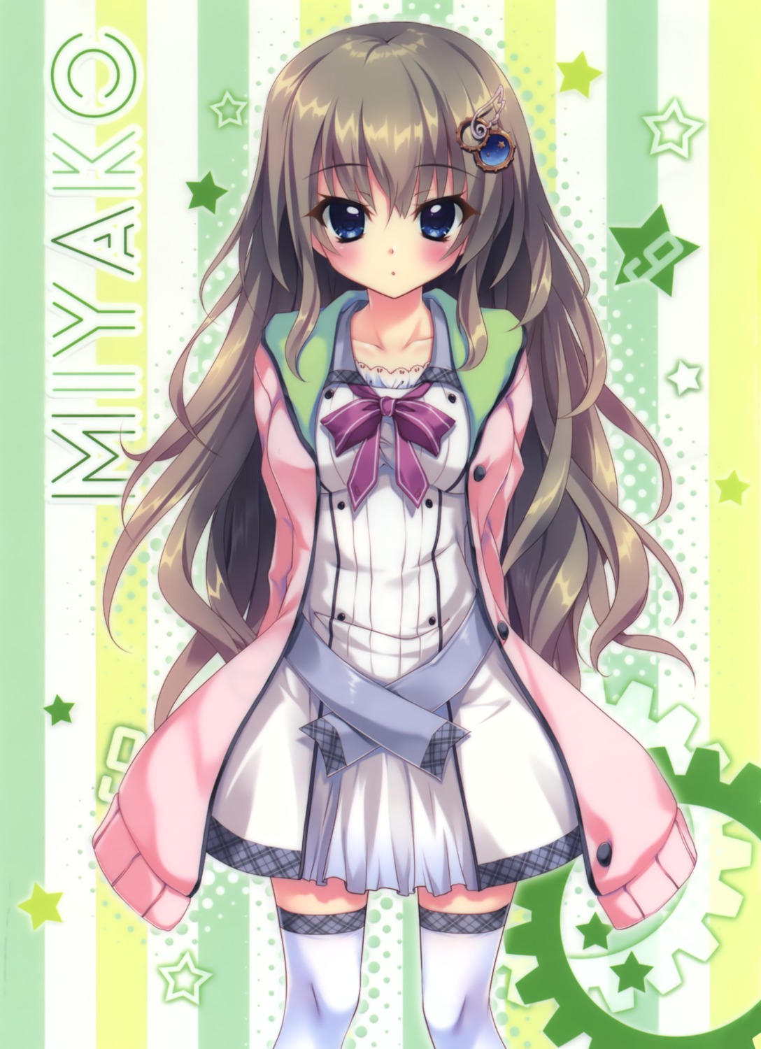 9-nine-, 9-nine-_kokonotsu_kokonoka_kokonoiro, izumi_tsubasu, kujou_miyako, palette, seifuku, thighhighs