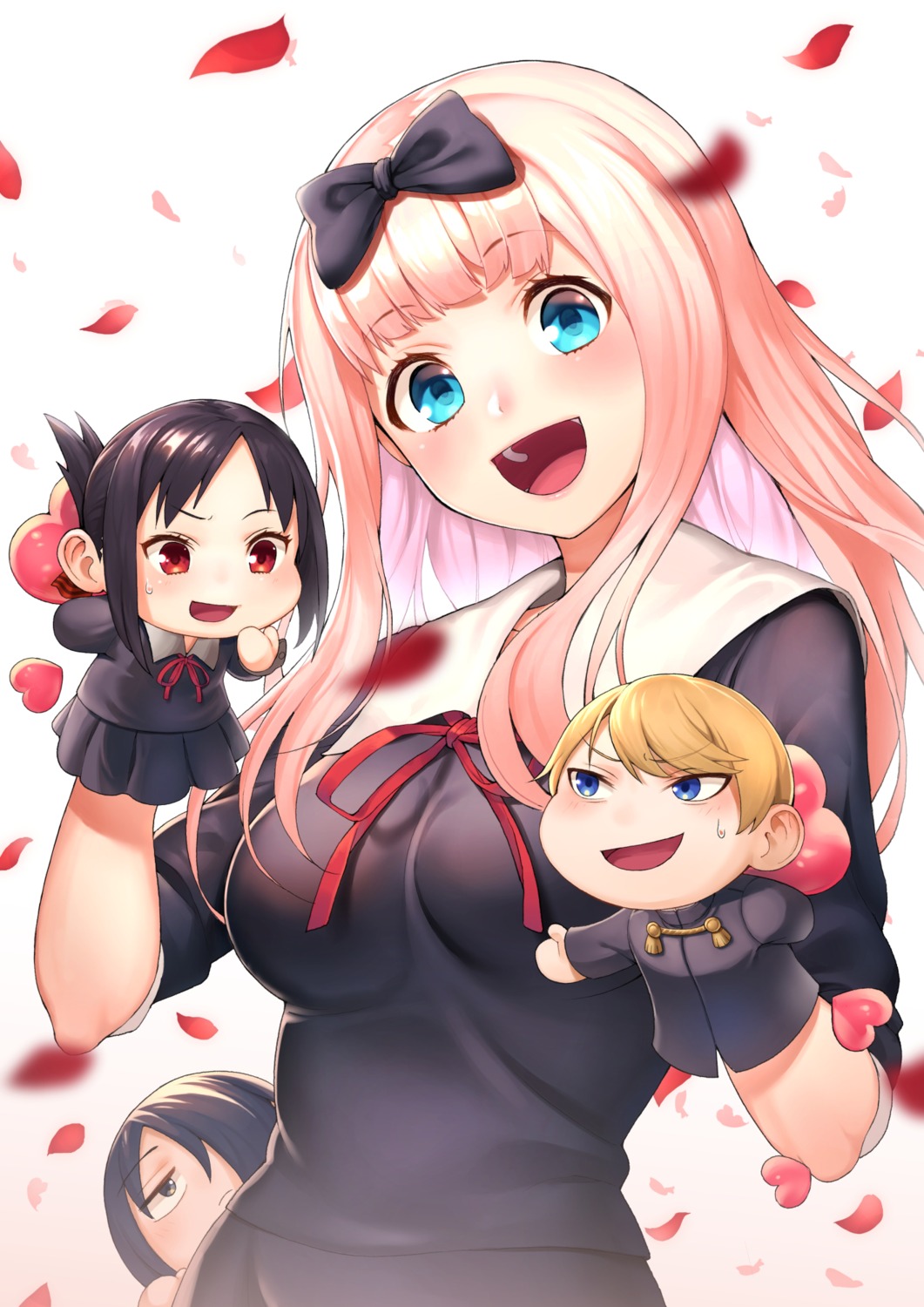 chibi, fujiwara_chika, ishigami_yuu, kabu_(niniko2ko), kaguya-sama_wa_kokurasetai_~tensai-tachi_no_renai_zunousen~, seifuku, shinomiya_kaguya, shirogane_miyuki