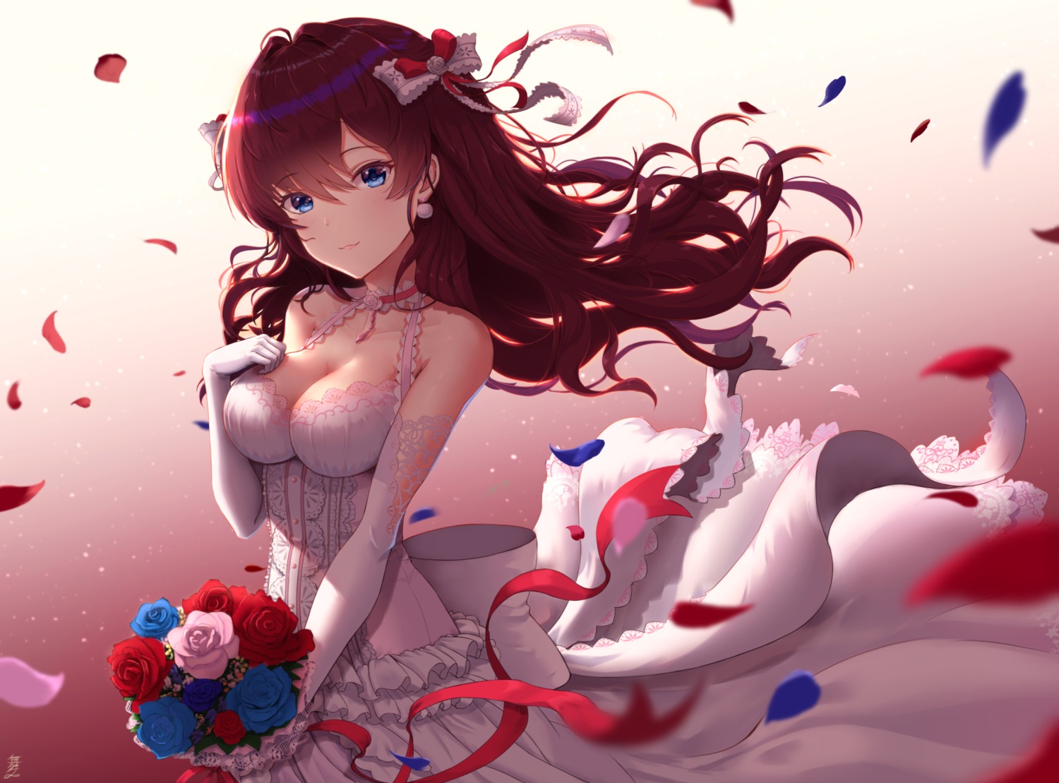 cleavage, dress, ichinose_shiki, maitake_(maitake1234), skirt_lift, the_idolm@ster, the_idolm@ster_cinderella_girls, wedding_dress
