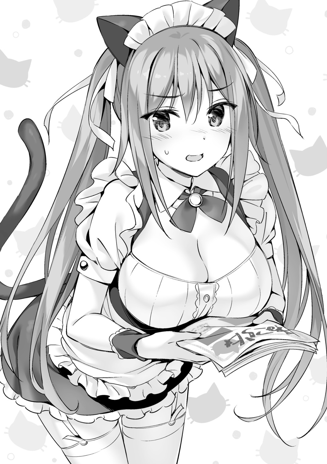 animal_ears, boku_no_kanojo_sensei, kisou_tenka, maid, monochrome, nekomimi, oryou, stockings, tail, thighhighs
