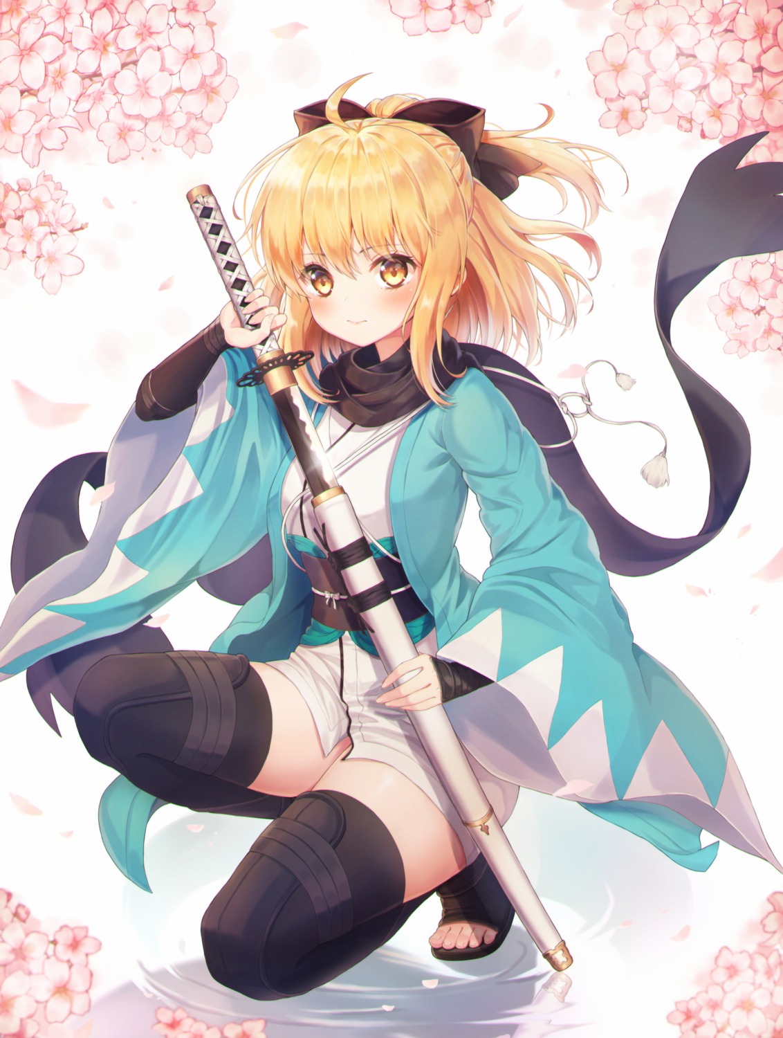 fate/grand_order, foreign_blue, japanese_clothes, okita_souji_(fate), sword, thighhighs
